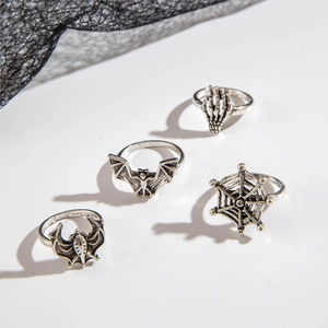 8-piece Halloween gothic ring set featuring skulls, bats and spiders in antique silver finish