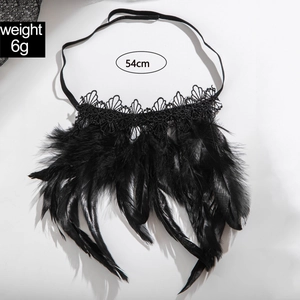 Gothic punk black feather and lace bracelet for women with elastic band 54cm length