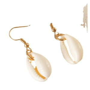Bohemian seashell drop earrings with natural cowrie shells and gold hooks for beach vacations