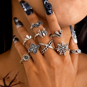 Gothic Punk Ringe Antik Silber Legierung Spinne Schlange Fledermaus Sonnenblume Rose Spinnennetz Halloween Retro Vintage Schmuck