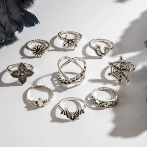 9-teiliges Gothic Ring-Set mit Spinne Schlange und Fledermaus in Vintage-Silber