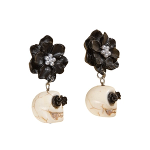 Gothic skull camellia earrings with punk style black flowers and inlaid white pearls