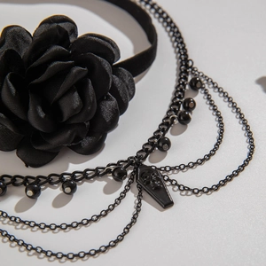 Detail of Gothic lace choker with a large black satin rose and coffin skull pendant
