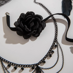 Gothic black lace choker with 3D satin rose and layered beaded chains for women