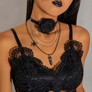 Gothic black lace flower choker set with multi-layer chains and stone pendant
