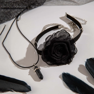 Gothic choker set with a black lace rose and a natural stone hexagonal pendant necklace
