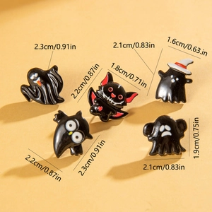 Halloween cartoon earrings set with ghost bat and owl designs in black enamel finish