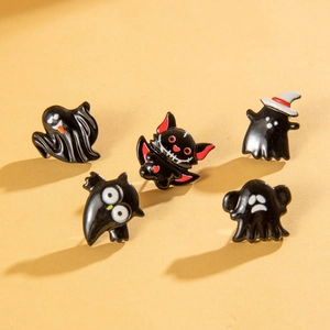 Halloween cartoon earrings set with spooky ghosts, bats, and owls in black enamel finish
