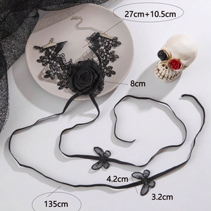 Gothic black lace choker featuring a textile rose and long adjustable ribbon straps