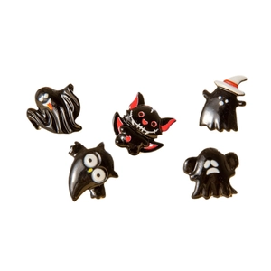 Gothic Halloween earrings set featuring black enamel ghosts, bats, and owls with wizard hats