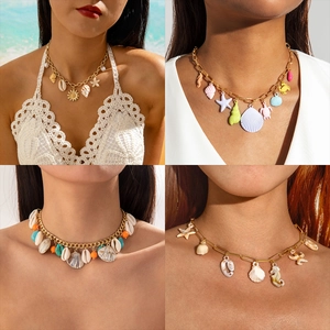 Bohemian Shell Necklace For Women Alloy Starfish Seahorse Pendant Beach Summer Vacation Jewelry Colorful Charms