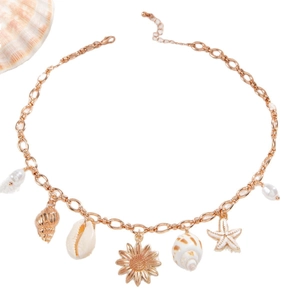 Bohemian seashell and starfish pendant necklace with rose gold chain and pearls