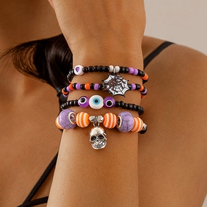 Halloween Beaded Bracelet Skull Ghost Bat Pumpkin Spider Web Alloy Charm Acrylic Resin Beads Party Jewelry For Women