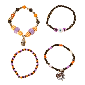 Halloween 4-piece bead bracelet set with skull, spider charms and evil eye beads
