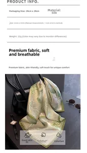Close-up of 53x53cm silk scarf with green coral print displayed on a black leather bag