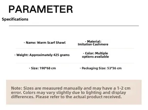 Detailed chart showing faux cashmere floral scarf specs including 190x68CM size and 425g weight