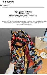 Detail of premium imitation cashmere scarf featuring large floral patterns and tassels
