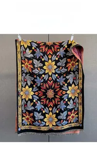 Close-up of fine jacquard floral pattern and tassel edge on bohemian cashmere feel scarf