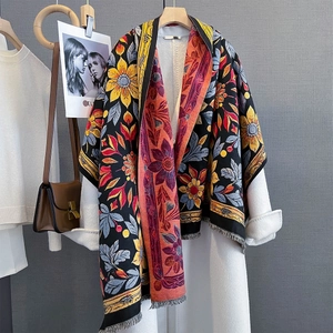Women Imitation Cashmere Scarf Jacquard Floral Landscape Pattern Winter Warm Large Shawl Wrap Fringe Retro Bohemian
