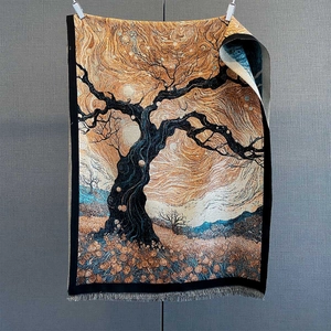 Detail of woven tapestry with floral jacquard pattern and fringe decorative edges