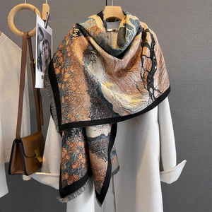 Artistic oil painting style floral jacquard scarf with tassels on a white wool coat