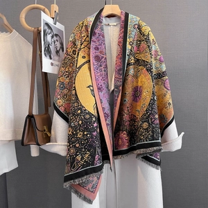 Bohemian floral jacquard scarf with tassels and artistic bird pattern for autumn/winter