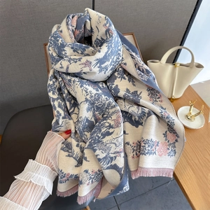 Floral bird print cashmere scarf in cream with blue forest patterns and pink tassels