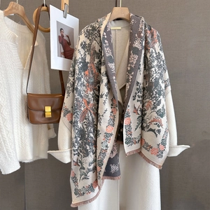 Vintage floral bird print imitation cashmere scarf with tassels styled on white coat