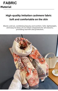 Detail of cashmere-like floral scarf featuring orange flower pattern and fringe edges