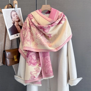 Detail of floral cashmere-feel scarf with vintage prints and delicate fringe tassels