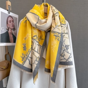 Floral print autumn shawl in yellow and beige cashmere style with soft tassel edges