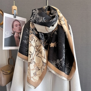 Vintage floral print pashmina shawl with color block patchwork and tassel edges