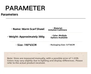 Detailed size chart and material specs for the 190x65cm cashmere-like printed shawl