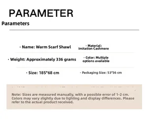 Detailed specifications for faux cashmere shawl, size 185x68cm, weight 336g with dandelion print