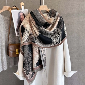 Women Abstract Print Scarf Shawl Faux Cashmere Polyester Thick Warm Winter Retro Artistic Tassel Large Pashmina Wrap