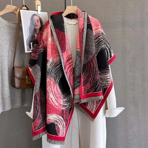 Artistic thick cashmere-feel shawl with red and black abstract print and fringe detail