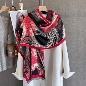 Chic autumn winter thick shawl scarf with abstract swirl print and fringe details