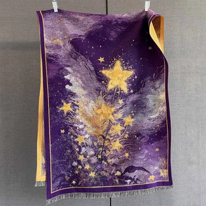 Détail de l'écharpe jacquard à motif étoilé avec franges en tons violet et jaune