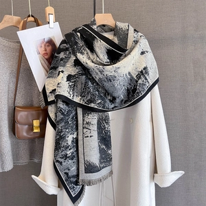 Sciarpa Scialle In Finta Cashmere Caldo Spesso Stampa Pittura A Olio Astratto Inchiostro Inverno Frange Per Donna