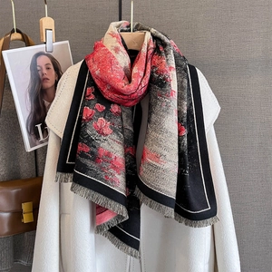 Écharpe d'automne à imprimé floral rouge avec franges en cachemire pour femme