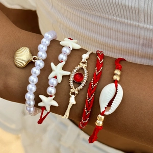 5-piece Bohemian beach bracelet set with starfish shell charms and red beads