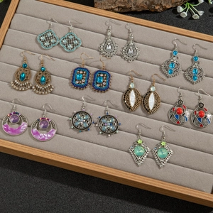 Bohemian Retro Ethnic Earrings Alloy Rhinestone Hollow Geometric Drop Jewelry For Women With Stainless Steel Earring Post