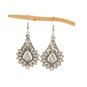 Vintage bohemian drop earrings with teardrop gems and silver hollow metal engravings