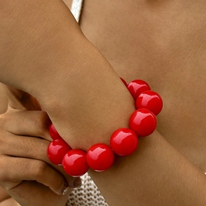 Ethnic style chunky red beaded bracelet with large glossy round resin beads for women