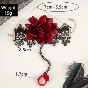 Gothic rose lace hand harness with dark red satin flower and beaded ring for women