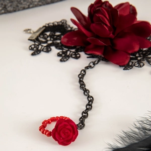 Gothic rose lace hand harness with deep red satin flower and black beaded ring accessory