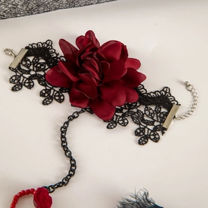 Gothic lace slave bracelet featuring a large wine red fabric rose and black chains