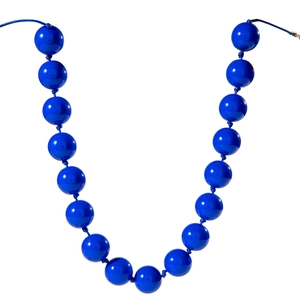 Bohemian bold blue bead necklace featuring glossy oversized round beads in a V-shape