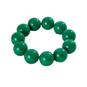 Ethnic style stretch bracelet with ten large emerald green resin beads on white background