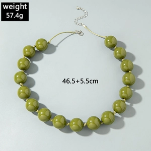 Detail view of large olive green beaded necklace with size and weight measurements